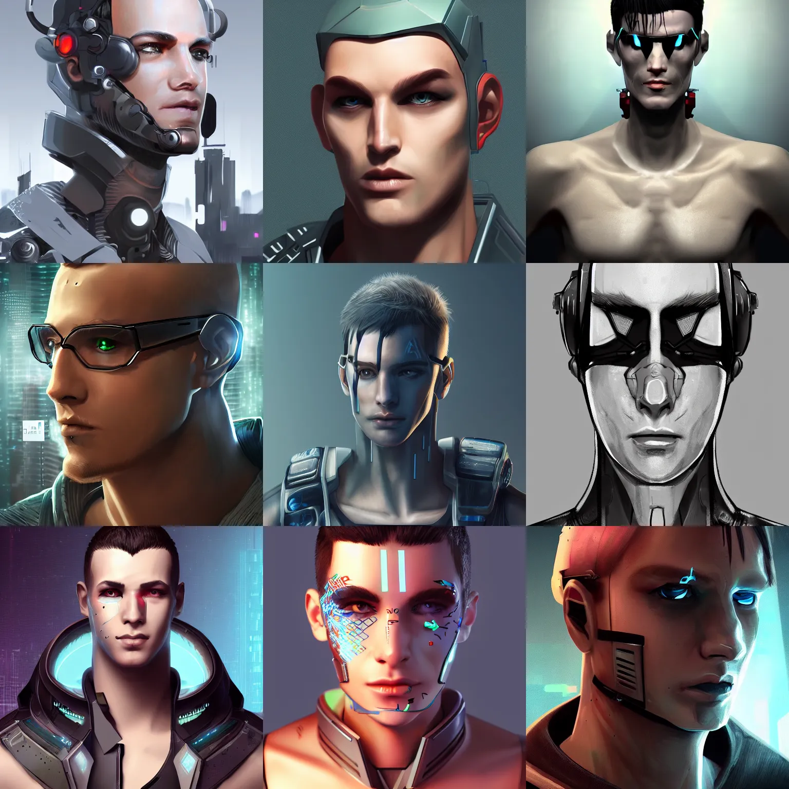 Prompt: cyberpunk male android with facial markings, detailed character portrait trending on ArtStation