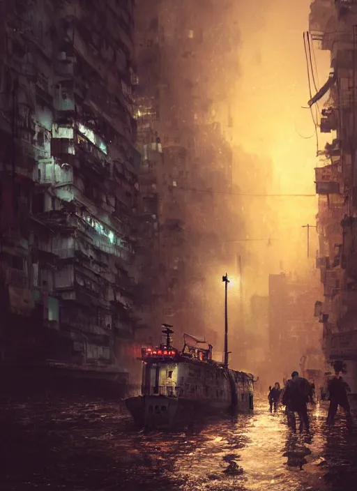 Prompt: dramatic Photorealistic, Matte Painting of a tug boat with bright head lights exploring a busy post apocalyptic deep flooded Hong Kong city street at night,dark Tall buildings by Greg Rutkowski,Craig Mullins,Hyperrealism,Beautiful dramatic moody lighting,Cinematic Atmosphere,volumetric,Octane Rendering,8K