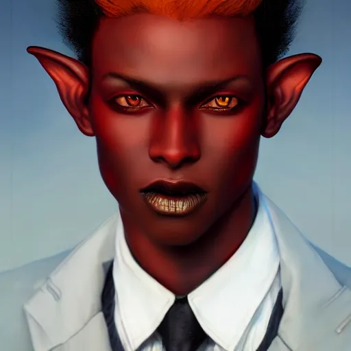 Prompt: portrait of a beautiful nonbinary actor with dark skin and messy short red hair wearing a men's suit, elf ears and yellow slitted eyes, by Gerald Brom and Ross Tran, hyper-realistic, dramatic lighting, 4K, trending on artstation
