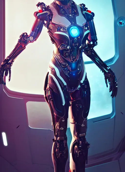 Image similar to photo of a cyborg girl on a space ship, warframe armor, scifi, professionally color graded, interesting angle, sharp focus, 8 k high definition, insanely detailed, intricate, innocent, art by stanley lau and artgerm