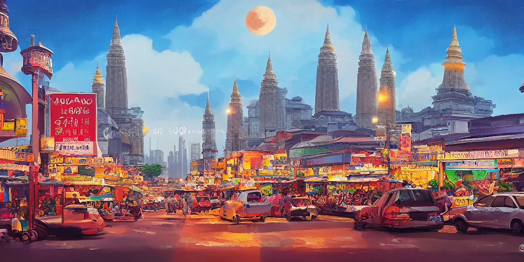 Image similar to little india sundry shop with kuala lumpur twin towers in the background, evening, highly detailed matte painting, studio ghibli, artstation