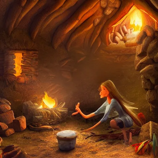 Image similar to A dragon native living in a small clay hut near a campfire, extremely stunning and detailed digital painting, cinematic, 8k, dreamy, immersive