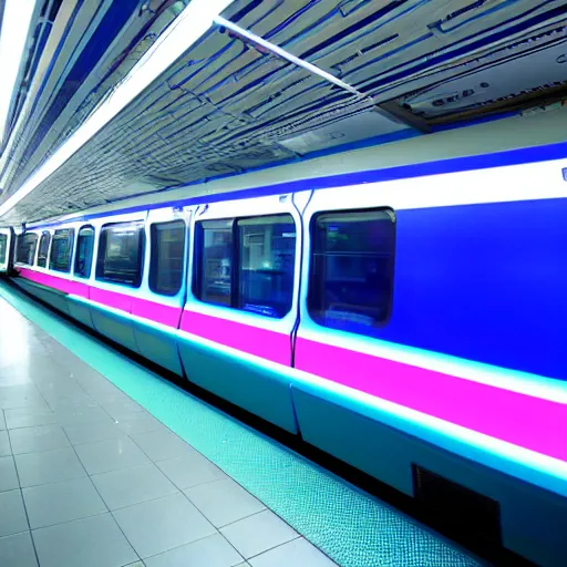 Image similar to a blue hexagonal metro train with blue neon light rails