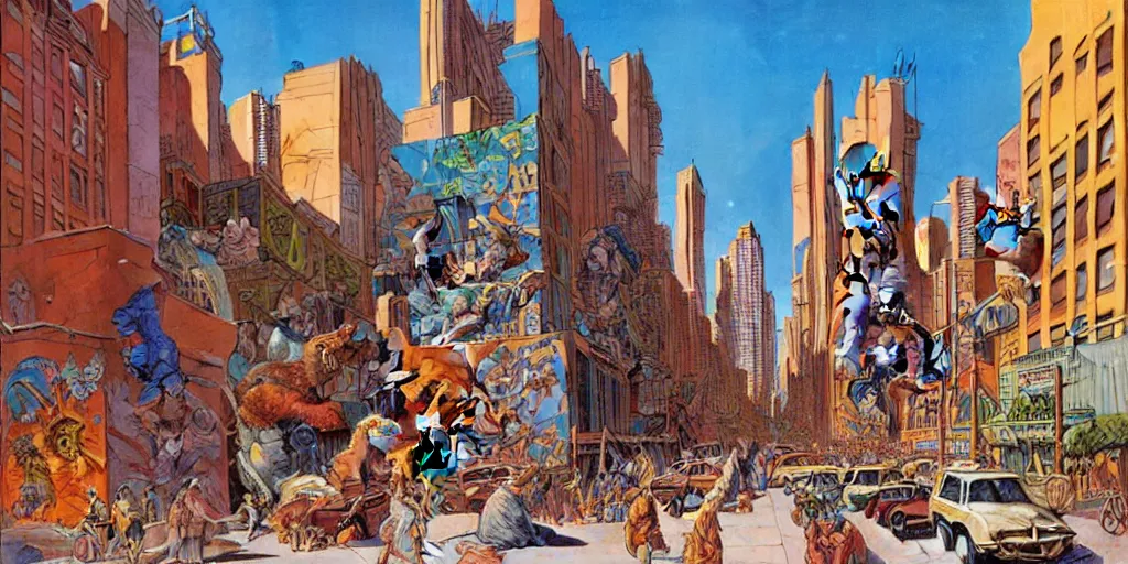 Prompt: a city of recycled materials, colorful murals, low buildings, and animal people in the streets, art by james gurney, art by moebius, detailed