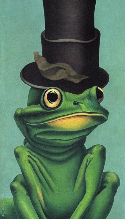 Prompt: frog wearing top hat by René Magritte, detailed, 4k