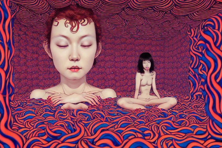 Image similar to realistic detailed image of women floating in a padded room, conjuring psychedelic background, part by takato yamamoto, part by alex gray, ross tran, james jean, ultra realistic, octane render, highly detailed, 8 k, trending on artstation, cosmic, symmetry, masterpiece