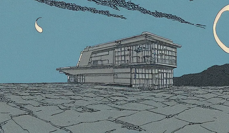 Prompt: A serene landscape with a singular building in the style of Moebius.