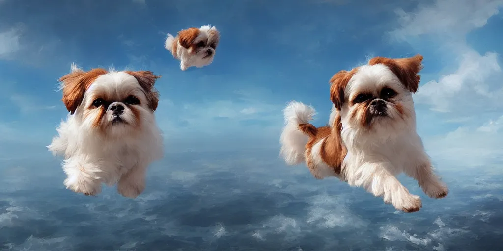 Image similar to Floating Shih Tzus over a blue sea, Darek Zabrocki, Karlkka, Jayison Devadas, Phuoc Quan, trending on Artstation, 8K, ultra wide angle, pincushion lens effect