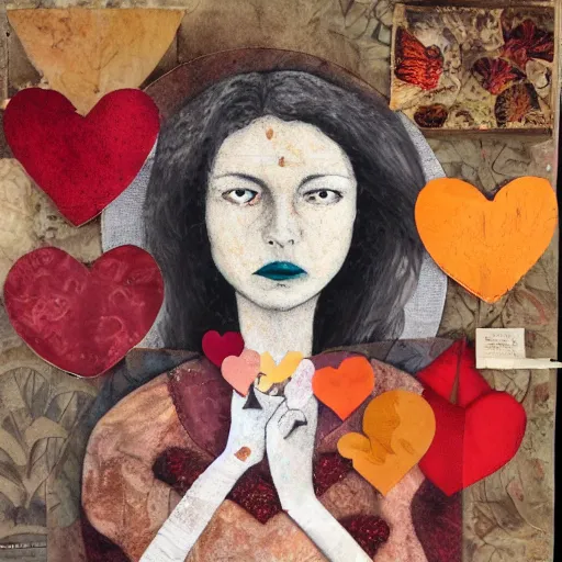Prompt: mixed media collage, autumnal colours, woman holding an anatomically correct heart in her hands