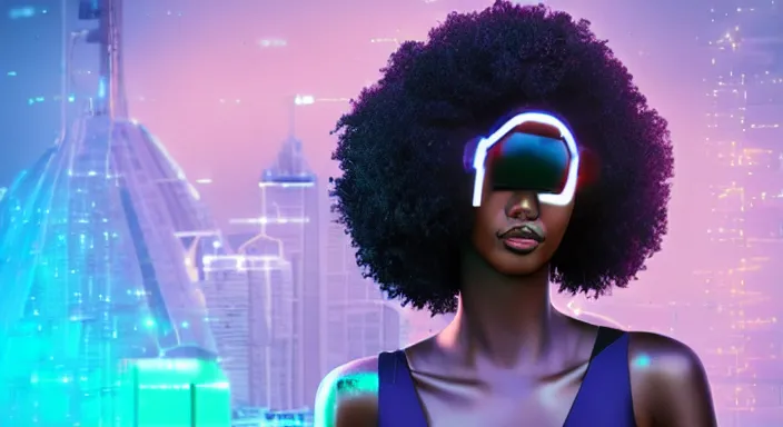 Image similar to portrait of beautiful cyberpunk black woman with afro hair, rio de janeiro pao de acucar corcovado ipanema on the background, blue and purple digital art trending on artstation, beeple, soft lighting, bokeh