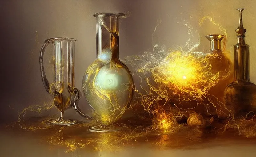 Prompt: alchemy still life amazing composition. by artstation trending, by joseph mallord william turner, luis royo, konstantin razumov, cinematic lighting, fractal flame, highly detailed