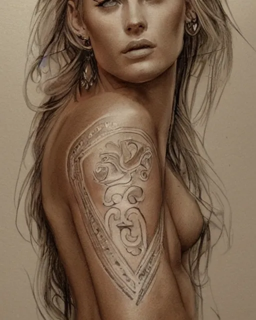 Image similar to realism tattoo sketch of jessica hart as a beautiful greek goddess aphrodite with piercing eyes wearing a laurel wreath and triangle earrings, in the style of greg rutkowski, amazing detail