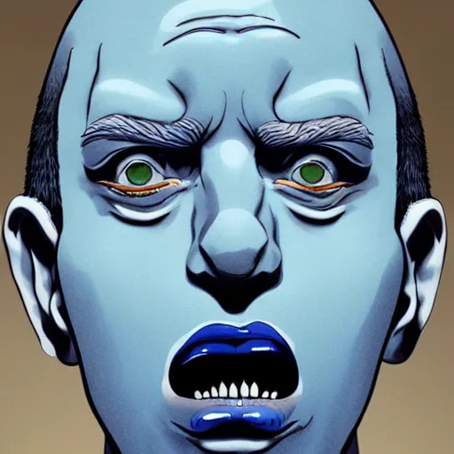 Prompt: prussian blue by tomer hanuka imposing, sigma 8 5 mm f / 1. 4. a beautiful body art of a giant head. the head is bald & has a big nose. the eyes are wide open & have a crazy look. the mouth is open & has sharp teeth. the neck is long & thin.