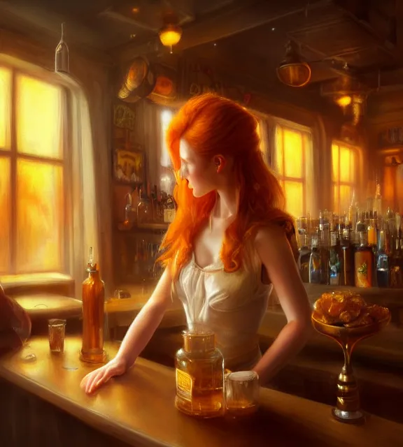 Prompt: cute barkeep in busy tavern, perfect face, cinematic, elegant, ginger hair, brown and beige and yellow and orange mist, highly detailed, psychedelic, digital painting, artstation, smooth, hard focus, illustration, art by jessica rossier and and brian froud