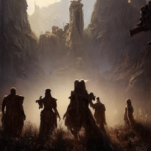 Prompt: epic masterpiece of cinematographic hyperrealism where a group of archeologists appears in front of the dread tower. realistic shaded lighting poster by craig mallismo, artgerm, jeremy lipkin and michael garmash, unreal engine, radiant light, detailed and intricate environment, digital art, art station trends, horror, night, darkness