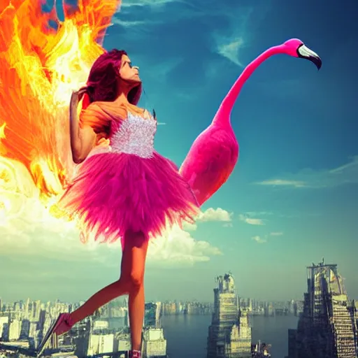 Image similar to a goddess wearing a flamingo fashion up there, on fire, photoshop, colossal, creative and cool, giant, digital art, city, photo manipulation, clouds