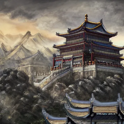 Image similar to dynamic composition, motion, ultra-detailed, incredibly detailed, a lot of details, amazing fine details and brush strokes, colorful and grayish palette, smooth, HD semirealistic anime CG concept art digital painting, watercolor oil painting of epic castle gate, from Three Kingdoms, by a Chinese artist at ArtStation, by Huang Guangjian, Fenghua Zhong, Ruan Jia, Xin Jin and Wei Chang. Realistic artwork of a Chinese videogame, gradients, gentle an harmonic grayish colors.