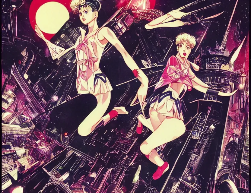 Image similar to illustration of sailor moon in the world of blade runner 1 9 8 2, poster in 8 0 s style, joao ruas style