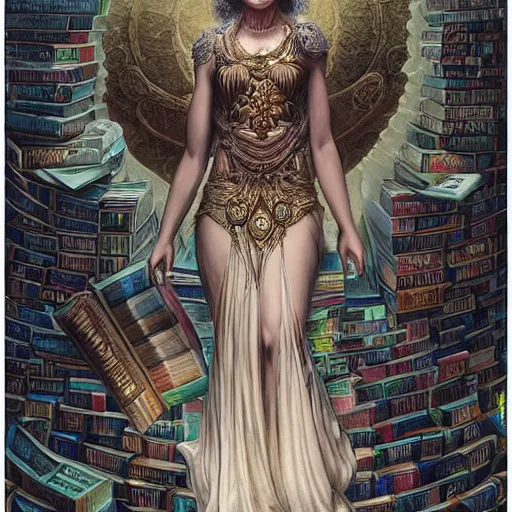 Image similar to a portrait of the goddess minerva surrounded by stacks of books, bioluminescent gown with deep level of detail of esoteric symbols, urban motifs, intricate, elegant, highly detailed, digital painting, trending on artstation, concept art, smooth sharp focus, illustration, art by artgerm and greg rutkowski, extremely high quality, surrealism