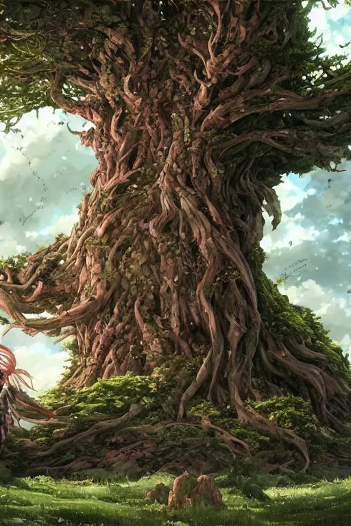Image similar to a giant hellishly tree with a big trunk that forms a round portal to otherworldly hostile worlds, high intricate details, rule of thirds, golden ratio, cinematic light, 8 k, octane render, anime style, graphic novel by fiona staples and dustin nguyen, art by beaststars and orange, peter elson, alan bean, studio ghibli, makoto shinkai