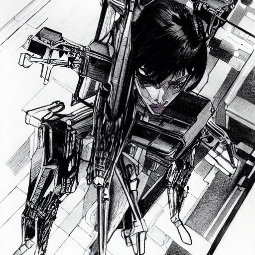 Prompt: Draft drawing of a Cyborg from Ghost in the shell by Loisel, cyberpunk, impressive perspective, aesthetic, masterpiece