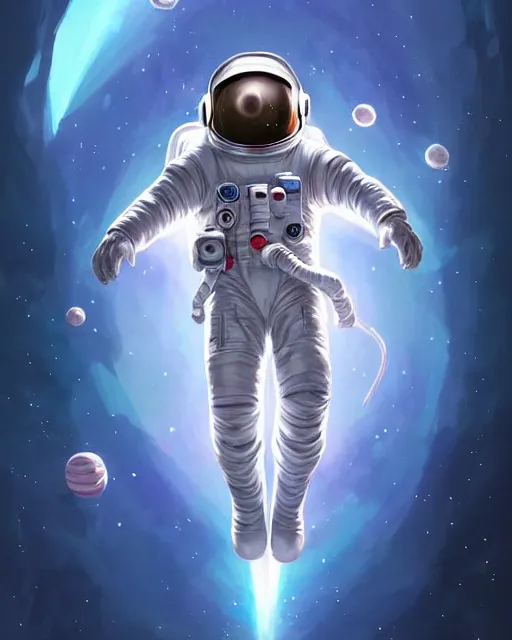 Prompt: concept art of a astronaut, wearing a tight astronaut suit, floating through space | | cute - fine - fine details by stanley artgerm lau, wlop, rossdraws, james jean, andrei riabovitchev, marc simonetti, and sakimichan, trending on artstation