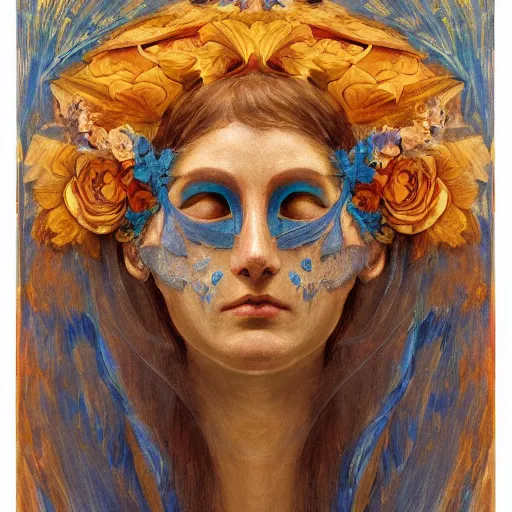 Prompt: masterpiece painting of a facemask made of stylized flowers, by annie swynnerton and jean delville and tino rodriguez and john watkiss, flower mask, art deco shaman, symbolist, dramatic lighting, god rays, elaborate geometric ornament, modern realism, clean crisp graphics, soft cool colors, smooth, sharp focus, extremely detailed