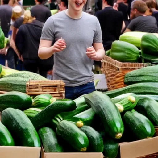 Prompt: a zucchini as mark zuckerberg, on a market stand, wide shot