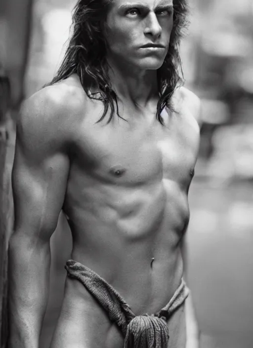 Image similar to film still, portrait of tarzan walk on the street of new york, by charlotte grimm, natural light, detailed face, beautiful features, symmetrical, 8 k, medium - format print, half body shot