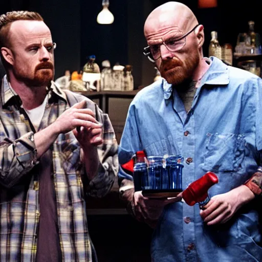 Prompt: Walter White and Jesse Pinkman making meth on a stage with a large crowd