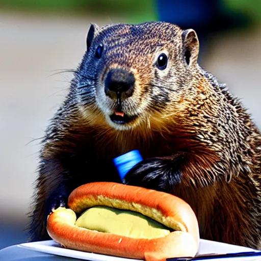 Image similar to a groundhog eating a hot dog