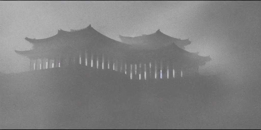 Image similar to light coming out of one bull - like kaiju starfish monster, korean film noir, korean traditional palace, pyongyang city, 1 9 6 0 s, red color bleed, 4 k, video compression, video glitch, monochrome, akira kurosawa