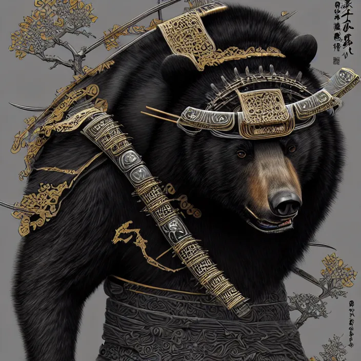 Prompt: anthropomorphic samurai asian black bear, fantasy, intricate, highly detailed, lifelike, photorealistic, digital painting, artstation, illustration, concept art, smooth, sharp focus, art by ogata korin and aya takano