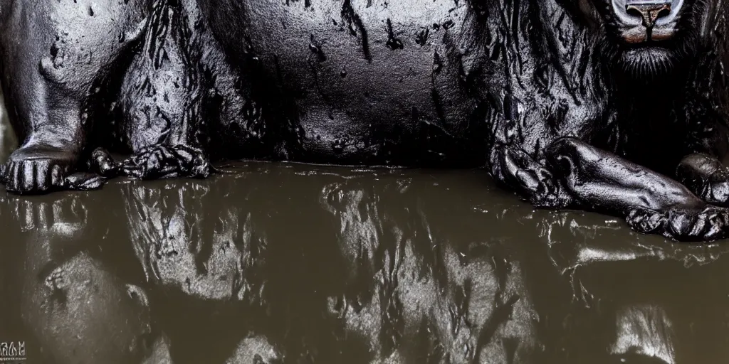 Prompt: the black lioness made of tar, laying on their back, dripping tar, drooling goo, covered in slime, sticky black goo, bathing in the pit filled with tar, dripping goo, sticky black goo. photography, dslr, reflections, black goo, rim lighting, cinematic light, tar pit, chromatic, saturated, slime