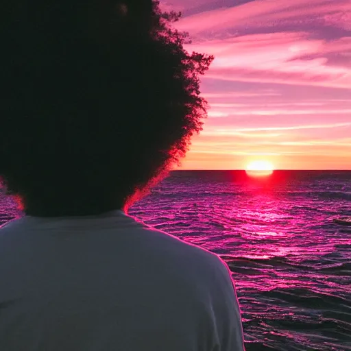 Prompt: a man looking off into a vaporwave sunset
