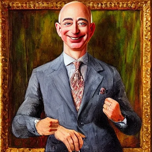 Image similar to “a deliriously happy king jeff bezos, portrait oil painting by Otto Dix, oil on canvas (1921)”
