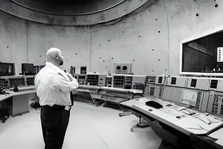 Prompt: movie heavyset bald man wearing a white shortsleeved shirt and blue jeans working in a nuclear silo control room by Roger Deakins