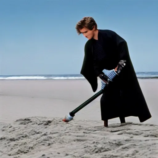 Image similar to anakin skywalker vacuuming the beach to remove sand