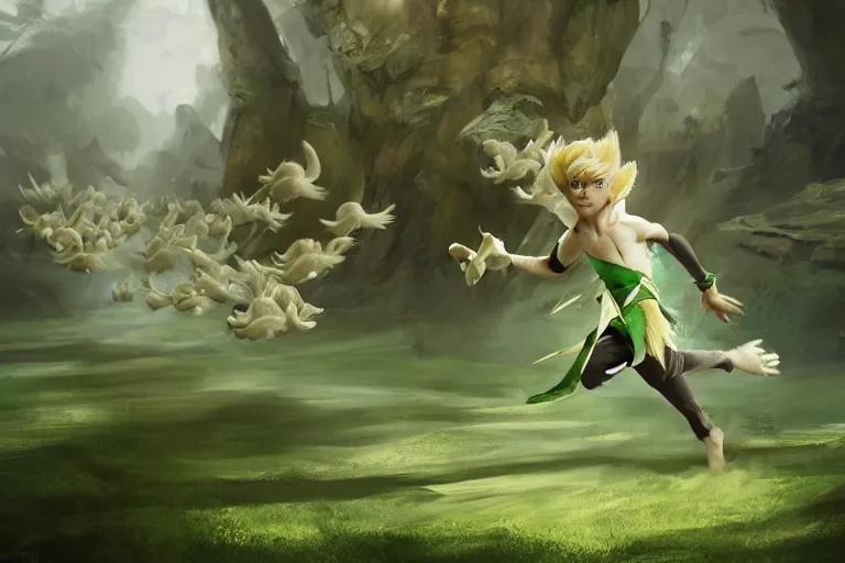 Image similar to a blonde male elf wearing a green tunic running away in terror from a huge flock of furious white chickens , made by Stanley Artgerm Lau, WLOP, Rossdraws, ArtStation, CGSociety, concept art, cgsociety, octane render, trending on artstation, artstationHD, artstationHQ, unreal engine, 4k, 8k,