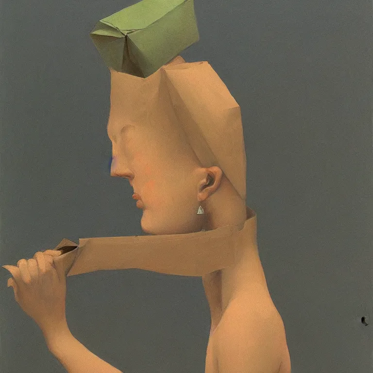 Image similar to woman in paper bag over the head and a sward Edward Hopper and James Gilleard, Zdzislaw Beksinski, highly detailed