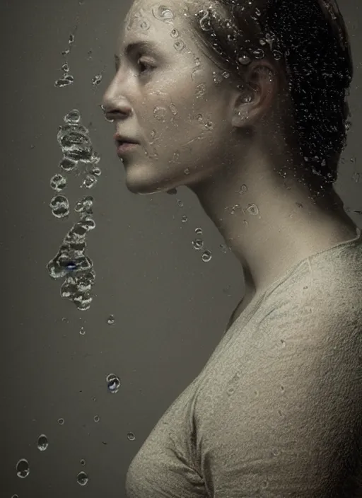 Prompt: a woman's face in profile, made of water droplets, in the style of the Dutch masters and Gregory Crewdson, dark and moody