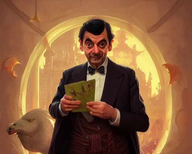 Image similar to mr bean looking very happy, photography of kurzgesagt, deep focus, d & d, fantasy, intricate, elegant, highly detailed, digital painting, artstation, concept art, matte, sharp focus, illustration, hearthstone, art by artgerm and greg rutkowski and alphonse mucha