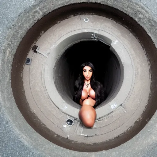 Prompt: photo of kim kardashian trapped inside a sewer grate