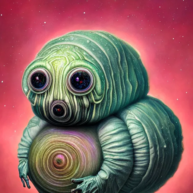 Prompt: a highly detailed tardigrade, it has a beautiful unconventional face, floating through deep space, elegant, hyperrealistic, digital painting, artstation, realism, concept art, pop, smooth, mythological, sharp focus, qualia, illustration, art by mark ryden 3 d 8 k ultra detailed