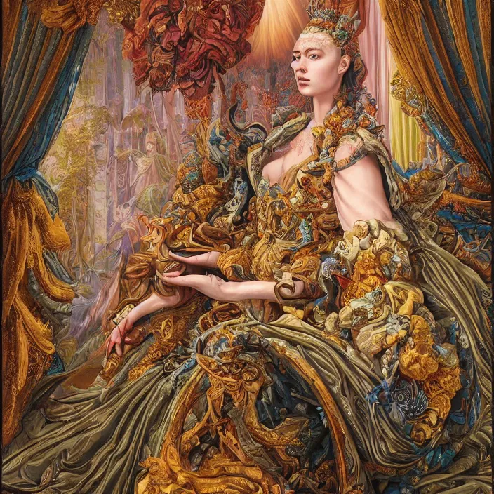 Image similar to beautiful oil painting, full length portrait of dauphinois in baroque coronation robes 1701, Dan Mumford, Dan Mumford, Alex grey, highly detailed , lsd visuals, dmt fractal patterns, hallucinogen, visionary art, psychedelic art, ornate, vaporwave, baroque, Greg rutkowski