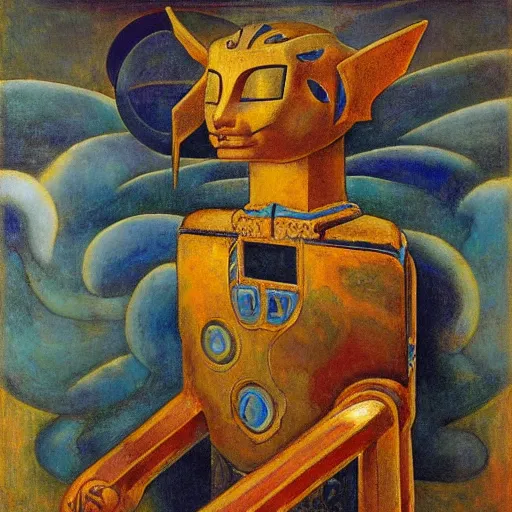 Prompt: ornate robot cat, by annie swynnerton and diego rivera and nicholas roerich and jean delville, symbolist, dramatic lighting, god rays, art brut, rich colors, smooth, sharp focus, extremely detailed, adolf wolfli, by janet fish