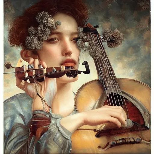 Image similar to ultra realist soft painting of folk musicians playing instruments, symmetry accurate features, very intricate details, focus, artstyle Hiraku Tanaka and Tom Bagshaw, award winning