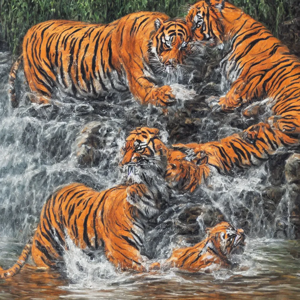 Prompt: ⛲ 🔐 🐅, highly detailed oil painting,