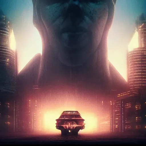 Image similar to lost souls feeding the eternal machine, legendary epic shot, blade runner style, philosophical fiction, low camera angle, dawn, by artgerm, ed repka, cloverfield movie, julie bell, beeple and Greg Rutkowski, airbrush, science fantasy, 50s, concept art, matte painting, Smooth gradients, octane render, 8k, High contrast, duo tone, depth of field, volumetric lightning, very coherent artwork