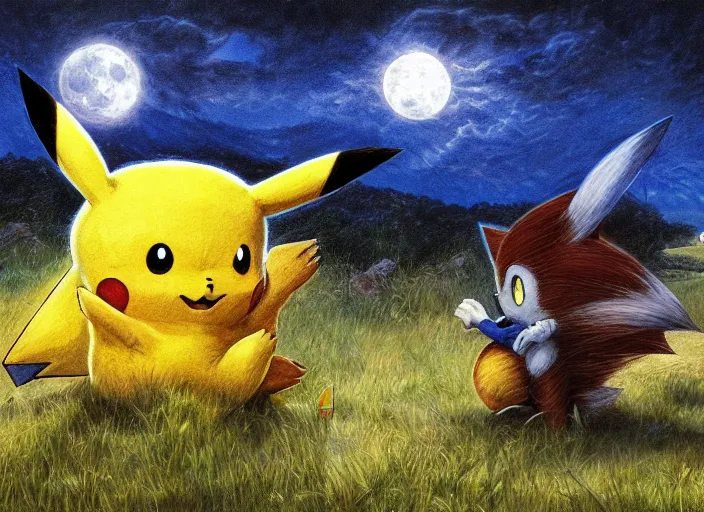 Image similar to Pikachu sonic the hedgehog hybrid in the Shire by Alan Lee, moonlight, concept art, detailed clothing, art station, oil painting